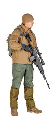 young soldier or sniper holding rifle.  hunting, war, army, technology and people concept