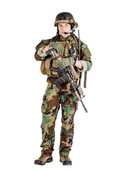 Portrait soldier or private military contractor holding sniper rifle.