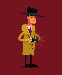 Private detective character holding camera and take photo. Privacy life concept isolated flat cartoon graphic design illustration