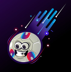 Happy smiling football ball character mascot with smiley face expression flying in space and burning flame. Sport game supporting concept isolated flat cartoon graphic design illustration