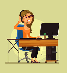 Happy smiling call center operator woman character talking phone and giving consultation. Hot line online support concept isolated flat cartoon graphic design illustration