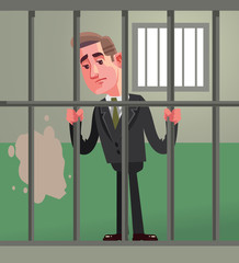 Sad unhappy office worker businessman politician character in prison. Broken low concept isolated flat cartoon graphic design illustration