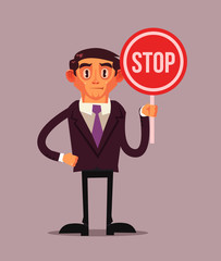 Man character in business suit holding stop red sigh. Concept isolated flat cartoon graphic design illustration