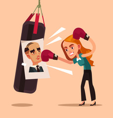 Angry woman office worker character beat photo boss ex husband colleague. Employee relationship discrimination problems concept isolated flat cartoon graphic design illustration