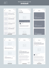 Fototapeta na wymiar Wireframe kit for mobile phone. Mobile App UI, UX design. New OS Articles. Blog, list and articles screens.