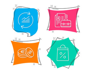 Set of Vacancy, Update data and Savings icons. Shopping bag sign. Hiring job, Sales statistics, Cash coins. Supermarket discounts.  Flat geometric colored tags. Vivid banners. Trendy graphic design