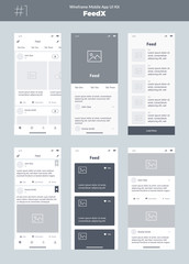 Wireframe kit for mobile phone. Mobile App UI design. Feed, photos, public, and news screens.
