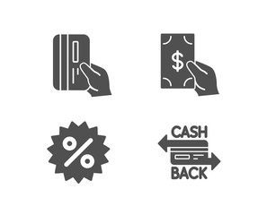 Set of Receive money, Discount and Payment card icons. Cashback card sign. Cash payment, Special offer.  Quality design elements. Classic style. Vector