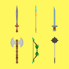 Medieval cartoons weapons set concept vector flat illustration design. Decoration icons for fantasy game