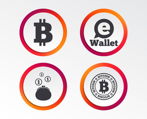 Fototapeta na wymiar Bitcoin icons. Electronic wallet sign. Cash money symbol. Infographic design buttons. Circle templates. Vector
