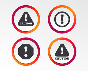 Attention caution icons. Hazard warning symbols. Exclamation sign. Infographic design buttons. Circle templates. Vector
