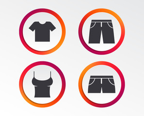 Clothes icons. T-shirt and pants with shorts signs. Swimming trunks symbol. Infographic design buttons. Circle templates. Vector