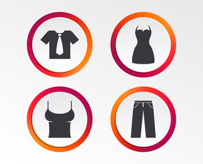 Clothes icons. T-shirt with business tie and pants signs. Women dress symbol. Infographic design buttons. Circle templates. Vector