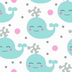 Cute seamless childish pattern for kids in scandinavian style with blue whale.