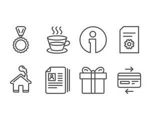 Set of Cv documents, File settings and Gift box icons. Medal, Coffee cup and Credit card signs. Portfolio files, File management, Present package. Winner, Tea mug, Bank payment. Vector