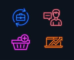 Neon lights. Set of Add purchase, Person talk and Human resources icons. Sales diagram sign. Shopping order, Communication message, Job recruitment. Sale growth chart.  Glowing graphic designs. Vector