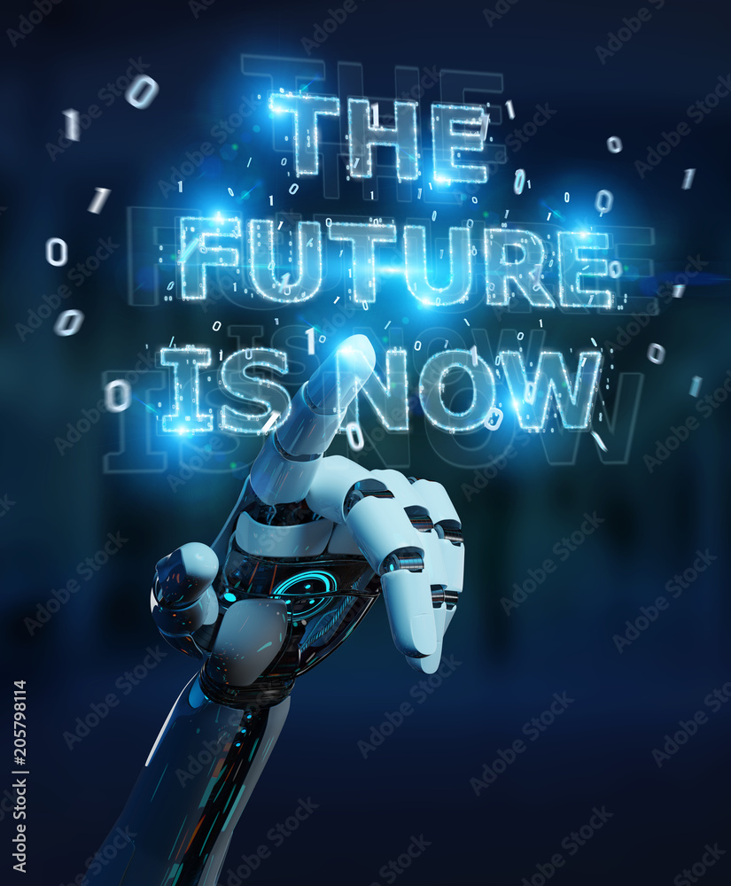 Poster white cyborg hand using future decision text interface 3d rendering