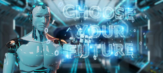 White cyborg using future decision text interface 3D rendering