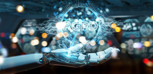 White cyborg hand using digital GDPR interface 3D rendering