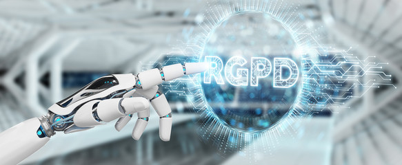 White cyborg hand using digital GDPR interface 3D rendering