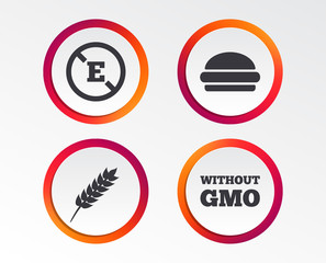Food additive icon. Hamburger fast food sign. Gluten free and No GMO symbols. Without E acid stabilizers. Infographic design buttons. Circle templates. Vector