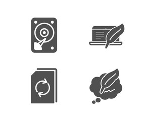 Set of Update document, Hdd and Copyright laptop icons. Ð¡opyright chat sign. Refresh file, Hard disk, Writer device. Speech bubble.  Quality design elements. Classic style. Vector