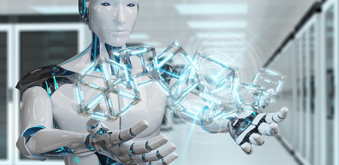 White robot creating future technology structure 3D rendering