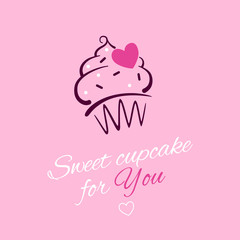Greeting card template with cupcake illustration, pink heart and typographic text on the pink background