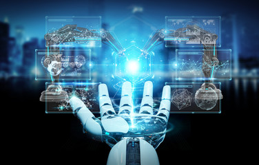 White robot hand using robotics arms with digital screen 3D rendering