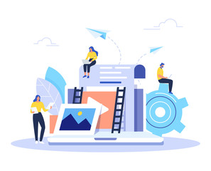 Engaging content, blogging, media planning, promotion in social network flat vector concept.