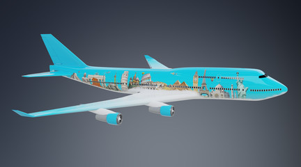 Plane with famous landmarks of the world 3D rendering