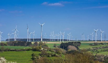 Large wind farm on agricultural area at Paderborn, North Rhine-Westphalia, Germany, Europe