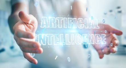 Businessman using digital artificial intelligence text hologram 3D rendering