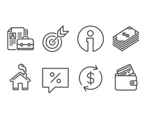 Set of Dollar, Discount message and Usd exchange icons. Target, Vacancy and Debit card signs. Usd currency, Special offer, Currency rate. Targeting, Hiring job, Wallet with credit card. Vector