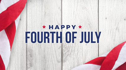 Fototapeta na wymiar Happy Fourth of July Text Over White Wood Wall Texture Background and American Flags