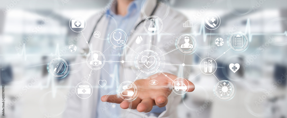 Aufkleber doctor using digital medical futuristic interface 3d rendering