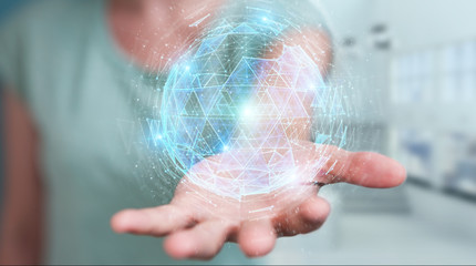Businesswoman using digital triangle exploding sphere hologram 3D rendering