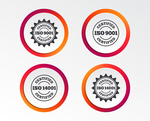 Obraz premium ISO 9001 and 14001 certified icons. Certification star stamps symbols. Quality standard signs. Infographic design buttons. Circle templates. Vector