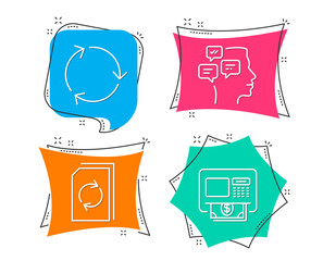 Set of Recycling, Update document and Messages icons. Atm sign. Reduce waste, Refresh file, Notifications. Money withdraw.  Flat geometric colored tags. Vivid banners. Trendy graphic design. Vector