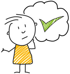 stick man standing and thinking bubble expression illustration yellow check right correct