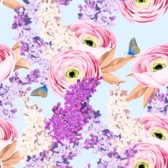 Fototapeta na wymiar Seamless pattern with ranunculus and lilac