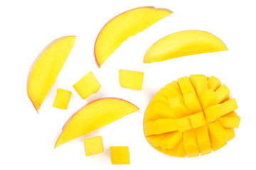 half of Mango fruit isolated on white background close-up. Top view. Flat lay