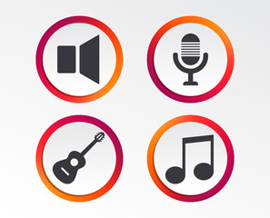 Musical elements icons. Microphone and Sound speaker symbols. Music note and acoustic guitar signs. Infographic design buttons. Circle templates. Vector