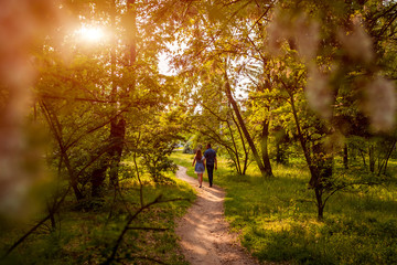 Couple walking in spring forest. Young man and girl holding hands at sunset.