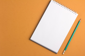 Blank notebook with pencil on orange pastel background. Flat lay concept. Copy space