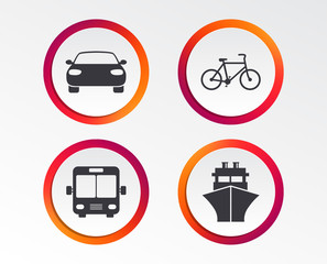 Transport icons. Car, Bicycle, Public bus and Ship signs. Shipping delivery symbol. Family vehicle sign. Infographic design buttons. Circle templates. Vector