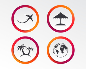 Travel trip icon. Airplane, world globe symbols. Palm tree and Beach umbrella signs. Infographic design buttons. Circle templates. Vector