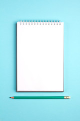Blank notebook with pencil on blue pastel background. Flat lay concept. Vertical view