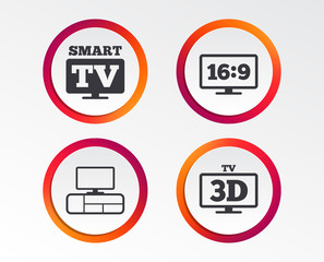 Smart TV mode icon. Aspect ratio 16:9 widescreen symbol. 3D Television and TV table signs. Infographic design buttons. Circle templates. Vector