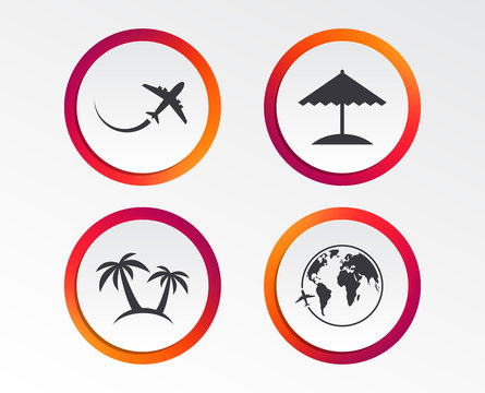 Travel trip icon. Airplane, world globe symbols. Palm tree and Beach umbrella signs. Infographic design buttons. Circle templates. Vector